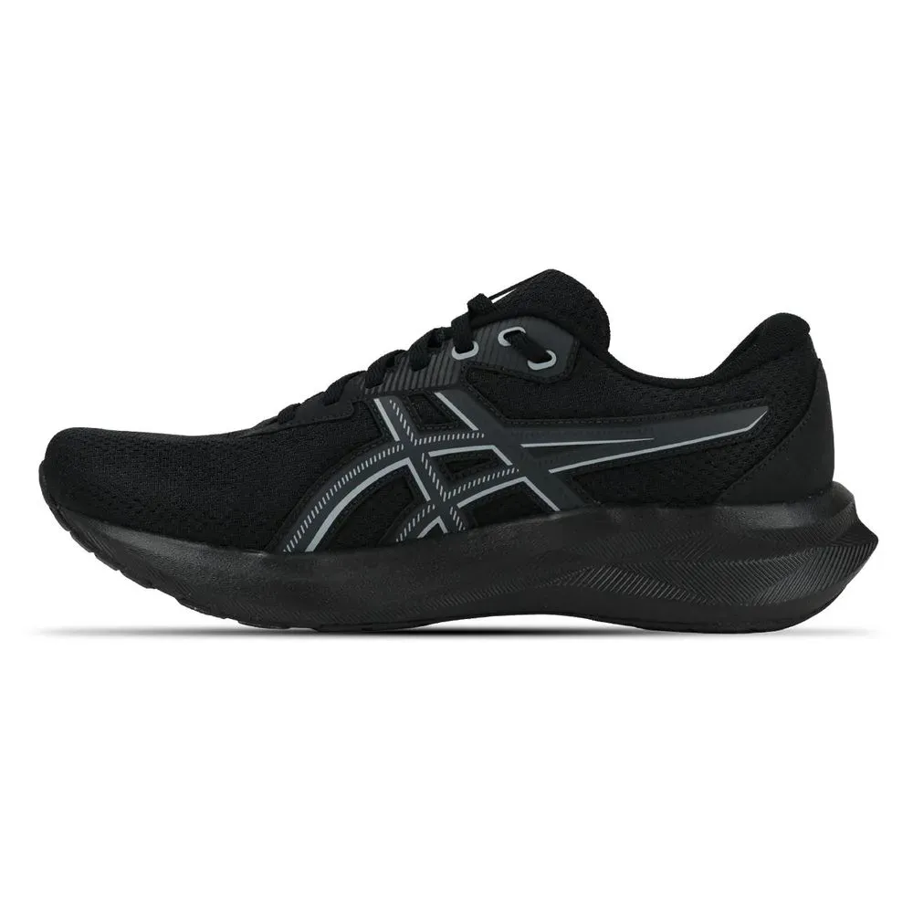 Vista lateral do tênis de corrida masculino Asics Raiden 5 preto com detalhes cinza e solado em borracha